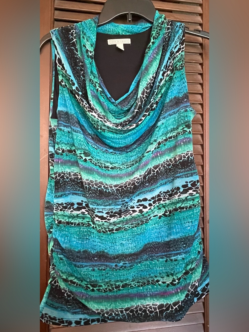 Dana Buchman Teal & Black Draped Cowl neck top.
